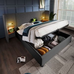 Lit coffre 180x200 cm, lit double capitonné avec table de chevet, lampe de lecture et fonction de charge usb Type-C, gris, lin, sans matelas
