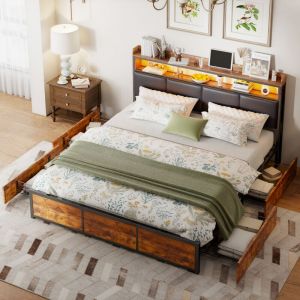 Lit Double 180x200, Lit 180x200 avec 4 Tiroir, Lit Adulte led, Lit Capitonné Tête de Lit avec Rangement, Cadre de Lit Sommier à Lattes, Lit en Bois