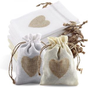 24Pcs Sachets en Toile de Jute Pochettes avec Cordon et Motif de Coeur, Sac Cadeau de Bonbons, Jute Pochette Bapt&ecirc;me Sac, Mariage Lumi&egrave;res pour