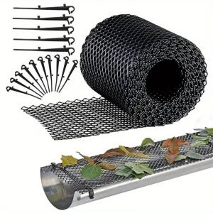 Grillage de Protection pour chéneaux et gouttière, 6 m x 15 cm Filet de vidange avec 10 Crochets de Fixation, Protection de gouttière en Maille Noir