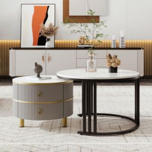 Dans Les Nuages - Lot de 2 Table basse gigogne ronde, 70x50 cm - avec plateau en imitation marbre, 2 tiroirs, design moderne - gris