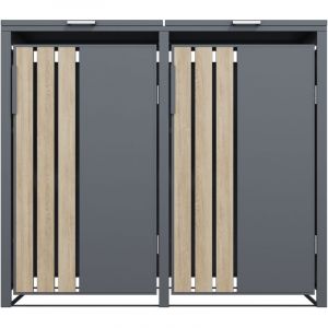 Abri poubelles 2 bacs gris imitation bois &ndash; Acier galvanis&eacute; avec v&eacute;rins &agrave; gaz