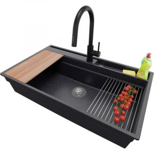 Evier Cuisine en Granit 88x53cm, Lavabo 1 bac + Kit de Vidage + Accessoire, Évier à Encastrer au meuble 90cm - Oslo Pocket, Graphite - Primagran