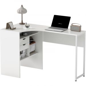 Bureau d'angle informatique blanc, 120x60 cm avec rangement 2 tiroirs et 3 casiers ouverts, meuble PC compact.