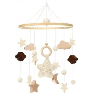 Mobile lit b&eacute;b&eacute;, avec &eacute;toiles, lunes et nuages au crochet d&eacute;corations suspendues, Bois Berceau B&eacute;b&eacute; Jouet，cadeau pour b&eacute;b&eacute; fille ou gar&ccedil;on, beige