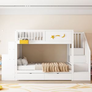 Lit superpos&eacute; enfant 90x200 cm avec rangements (tiroirs), escalier s&eacute;curis&eacute;, bureau, motif &eacute;toiles, bois pin, blanc