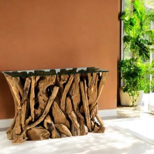Console plateau en verre sur racine de teck arizona