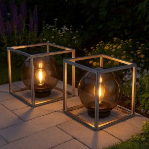 Lampe solaire boule lampe extérieure fumée lampe de jardin lampe solaire, cube, nickel antique, led blanc chaud, LxlxH 30x30x30 cm, lot de 2