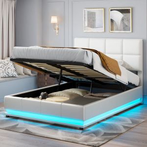 140 x 200 lit coffre avec LED, Lit 2 personnes avec tête de lit et sommier, cadre de lit 140x200 avec sommier, cuir artificiel, blanc