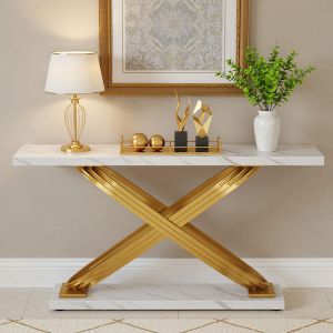 Table Console d'entr&eacute;e - 140 x 33 x 80 cm - Table d'entr&eacute;e avec Pieds M&eacute;talliques - pour entr&eacute;e et salon - Blanc et Dor&eacute;