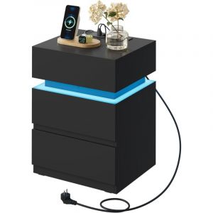 Table de Chevet WOLTU, Table de Nuit LED, avec Station de Charge, 2 Prises, 2 Ports USB, 2 Tiroirs, 1 Casier, Noir