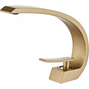 Mitigeur de lavabo pour salle de bain doré brossé, Robinet de Lavabo cascade, Robinet Mitigeur Lavabo Monotrou en Laiton, Moderne Robinet Salle de