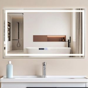 Miroir de salle de bain avec éclairage- Miroir de salle de bain led 100x60 cm Miroir mural de salle de bain IP44 avec interrupteur tactile et horloge