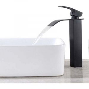 Robinet de Salle de Bain Cascade &agrave; Levier Unique Noir, Mitigeur de Lavabo Carr&eacute; Laiton, Haut Mitigeur Vasque &agrave; Poser Eau Chaude et Froide