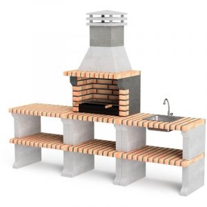 Movelar - Barbecue préfabriqué à bois et charbon en béton réfractaire modèle Pack 1 Liz Plus xl Outdoor Kitchen (Gris, Orange - 228 x 58 x 210 cm)