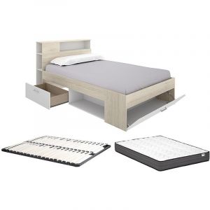 Lit avec t&ecirc;te de lit rangements et tiroir - 120 x 190 cm - Naturel et blanc + Sommier + Matelas - LEANDRE