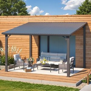 YODOLLA Pergola Adoss&eacute;e Aluminium 3 x 3.65m, Gazebo &agrave; Toit Rigide, Pergola Murale pour Terrasse Ext&eacute;rieur
