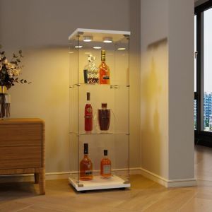 Vitrine en verre de sécurité trempé avec éclairage led, porte, 3 étagères, cadre en bois, Serrures, clés, vitrine pour bureau, salon, cuisine - blanc