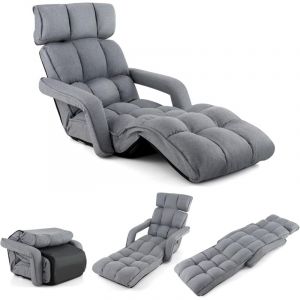 Costway - Fauteuil Convertible 1 Place Adulte avec Appui-tête Dossier Réglable 6 Positions 16°-107°, Chauffeuse Convertible avec Repose-Pieds à 8