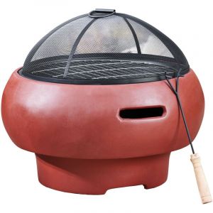 Teamson Home - Braséro de jardin à bois chauffage extérieur grille charbon bbq avec tisonnier couvercle - Béton - Rouge - 53 x 53 x 47 (cm)