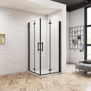 Ocean Sanitaire - Oc&eacute;an Cabine de Douche Noire 100x100x195cm &ndash; Porte Pliante & Pivotante &ndash; Verre Anticalcaire