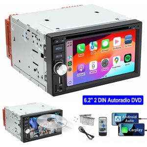 Autoradio 2 DIN filaire Carplay Android Auto avec DVD/CD cam&eacute;ra FM AM RDS USB Bluetooth 6.2"