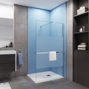 Paroi de douche &agrave; l'italienne en bande central d&eacute;poli 140X200cm avec porte serviette-&eacute;tag&egrave;re chrom&eacute; et une barre de fixation forme carr&eacute; extensible