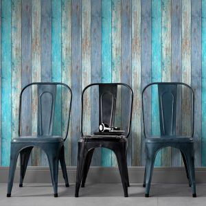 Bricoflor - Papier peint imitation bois salle de bain | Tapisserie imitation bois bleu & grise pour couloir | Papier peint tendance bois usé salon