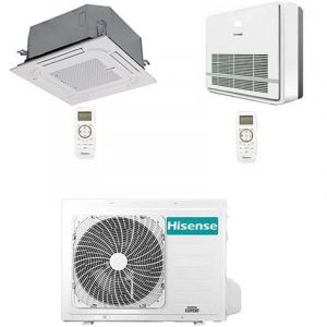 Climatiseur cassette Hisense 4 voies + console R32 Dual Split Inverter 9000 + 9000 BTU avec U.E. 2AMW52U4RXC NOUVEAU Classe A++/A+