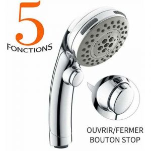 Pommeau de Douche Chrom&eacute; avec Bouton Stop Douchette &agrave; Main 5 Jets au Choix Pomme de Douche Picots Anticalaire Type Universel