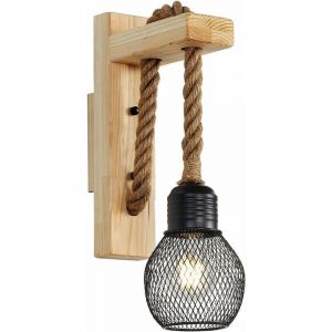 Applique murale r&eacute;tro en bois massif - Style industriel r&eacute;tro - Abat-jour en corde de chanvre - Applique murale style campagne - &Eacute;clairage int&eacute;rieur