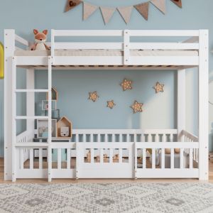 Lit superpos&eacute; 90x200 cm, lit en bois massif, lit enfant, avec escalier &agrave; angle droit, garde-corps et porte, protection antichute, pin, lit ado - Blanc