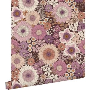 Estahome - papier peint fleurs r&eacute;tro mauve violet et rose terracotta