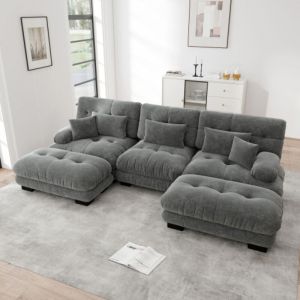 Canap&eacute; d'angle modulaire, canap&eacute; 3 places en U, canap&eacute; convertible &agrave; assise profonde avec pouf, chenille, gris