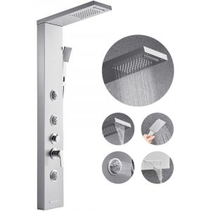 Colonne de douche avec pommeau de douche effet pluie, systeme de panneau de douchette mural en acier inox brosse, robinet 5 fonctions, avec 3 jets