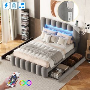 Dans Les Nuages - Lit 160x200 cm, 2 places, avec 4 tiroirs de rangement, led, usb, MP3 Audio, Tête de Lit réglable en hauteur, scandinave, lit adulte