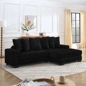 Canap&eacute; d'angle en L, canap&eacute; 4 places avec 6 coussins, en velours, pieds en plastique renforc&eacute;, noir