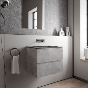 Bernstein - Petit meuble vasque de salle de bain mdf aspect béton avec lavabo fonte minérale Noir mat - 60x45,6x50cm - ava cream -Béton, Noir mat