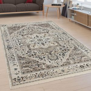Paco Home Tapis De Salon Poils Ras Motif Oriental Ornements Bordure Beige Blanc Cass&eacute; 240x320 cm