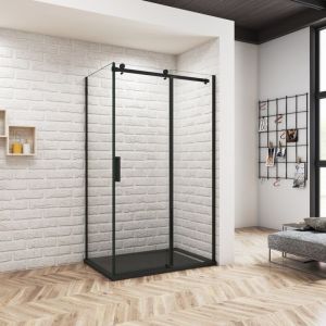 Oc&eacute;an Cabine de douche coulissante 140x80x200cm - Verre anticalcaire 8mm, profil noir mat - Receveur de douche noir 140x80cm inclus