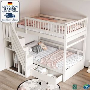 MODFU - Lit superpos&eacute; 90x200 cm,Bois Certifi&eacute; PEFC ,Lit de s&eacute;curit&eacute; renforc&eacute; avec barri&egrave;res hautes, sommier &agrave; lattes, &eacute;chelle de s&eacute;curit&eacute; avec