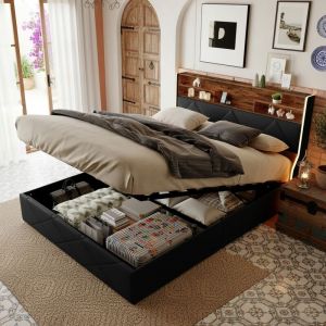 Lit coffre 160x200 cm, 2 places, en cuir PU et bois clair, lit capitonn&eacute; avec t&ecirc;te de lit de rangement, LED et portes USB, sommier &agrave; lattes, cadre en