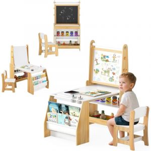 GOPLUS Table Enfant avec Chaise, Table &agrave; Dessin en Bois avec Tableau Noir/Blanc, Rouleau de Papier, Gomme, Craies, Gobelets de Peinture, Bureau