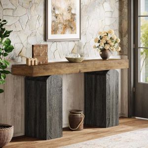 Tribesigns Table de couloir longue de 63" - Style maison de campagne - Avec 2 pieds de colonne incurv&eacute;s - Consoles de canap&eacute; en bois derri&egrave;re le