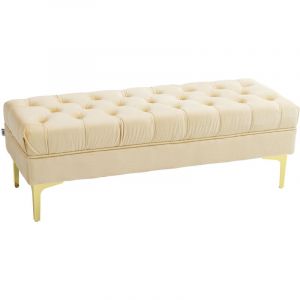 Banc banquette capitonn&eacute;e bout de lit style classique chic dim. 118L x 45l x 42H cm pi&egrave;tement m&eacute;tal dor&eacute; velours beige