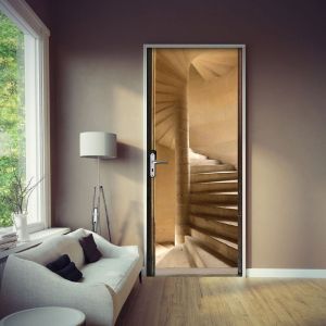 Sticker mural décoratif pour porte, trompe l'oeil style forteresse, 204 cm x 83 cm, effet porte en bois ouverte sur escalier en pierre - Beige