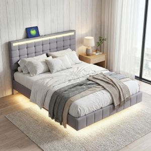 Lit adulte 160x200cm, lit double, lit flottant avec &eacute;clairage LED et ports USB, t&ecirc;te de lit r&eacute;glable en hauteur, Structure en m&eacute;tal et bois,