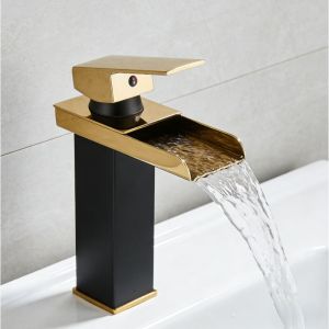Robinet de salle de bain cascade &agrave; large rebord noir et dor&eacute; avec tuyau d'arriv&eacute;e de 60 cm Mitigeur de lavabo &agrave; bec large de style europ&eacute;en avec eau
