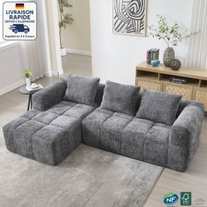 Canap&eacute;s, fauteuil avec coussins, tissu chenille, gris, canap&eacute; d'angle, canap&eacute; 3 places, 250x158x60cm