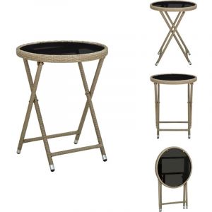 Table à thé Beige 60 cm Résine tressée et verre trempé - Table Basse Jardin - Table À Thé Pliante - Mobilier De Jardin - Table Extérieure - Table En